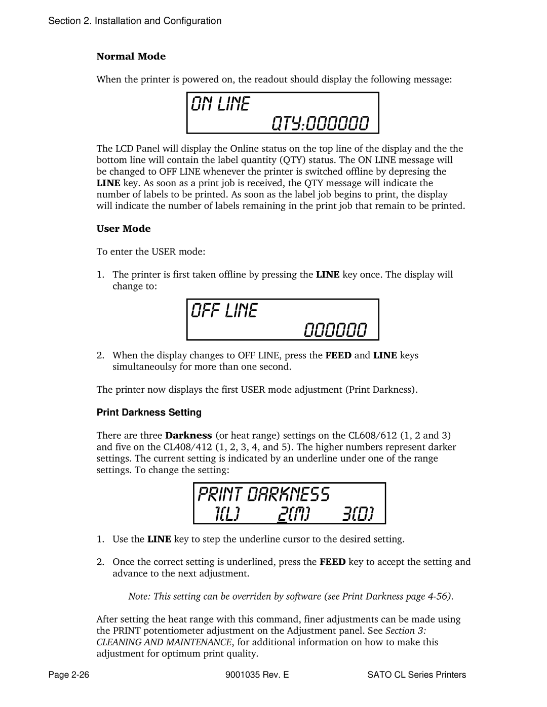 SATO CL612VA, CL608VA manual User Mode, Print Darkness Setting 