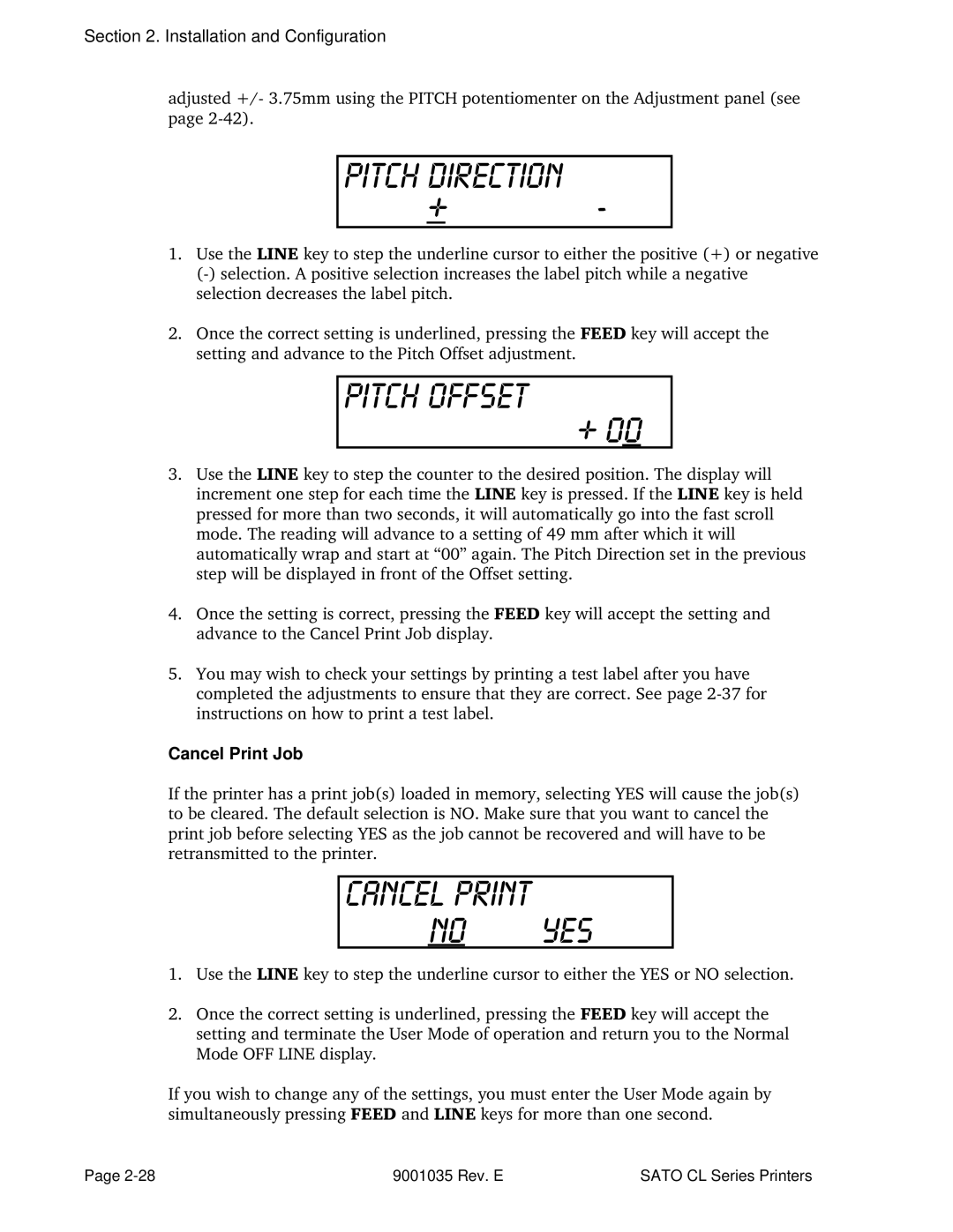 SATO CL612VA, CL608VA manual Pitch Direction, Cancel Print Job 