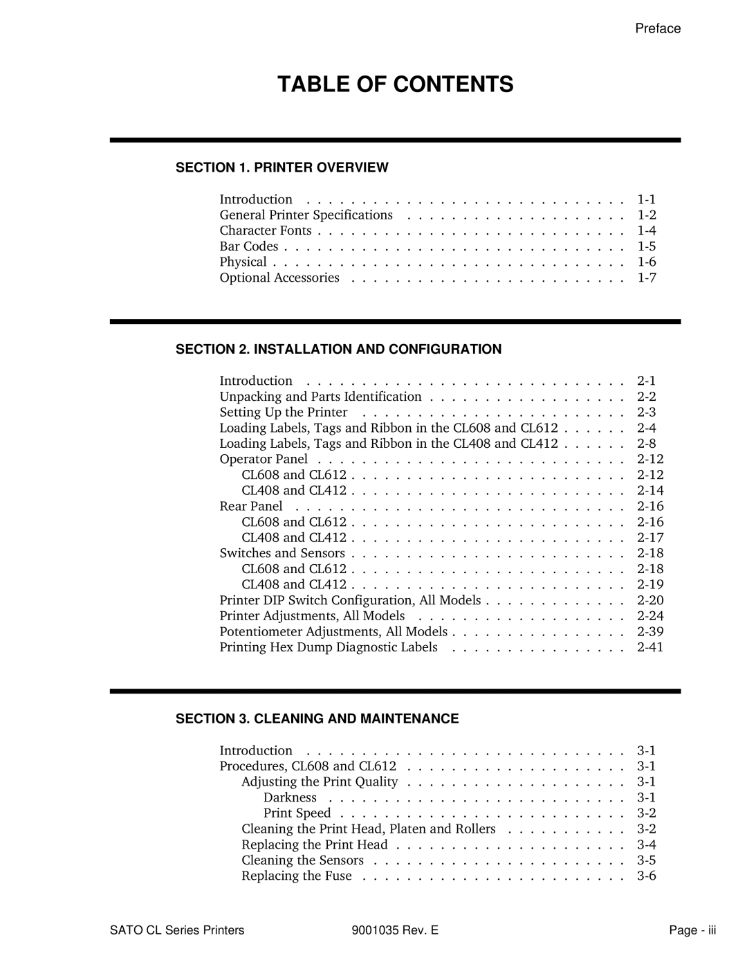 SATO CL608VA, CL612VA manual Table of Contents 