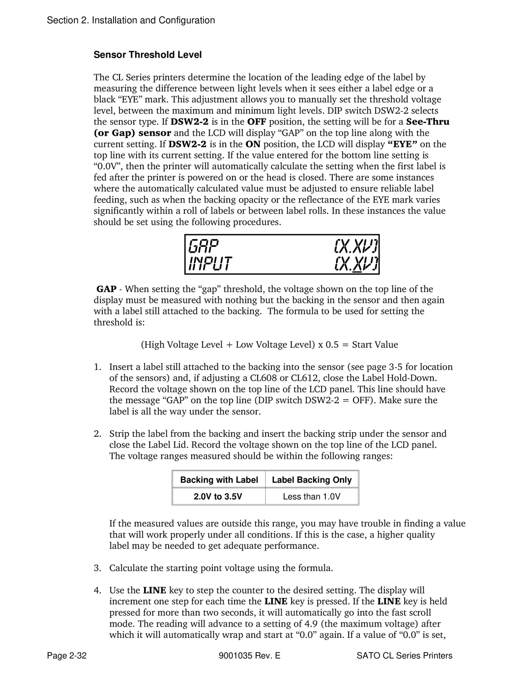 SATO CL612VA, CL608VA manual Sensor Threshold Level, Backing with Label Label Backing Only 0V to Less than 