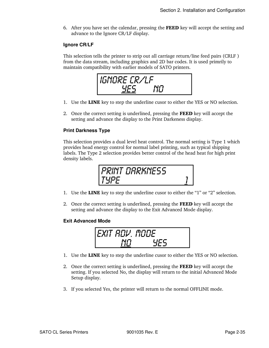 SATO CL608VA, CL612VA manual Ignore CR/LF, Print Darkness Type, Exit Advanced Mode 