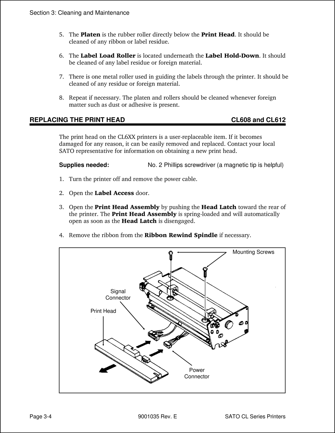 SATO CL612VA, CL608VA manual Replacing the Print Head, CL608 and CL612 