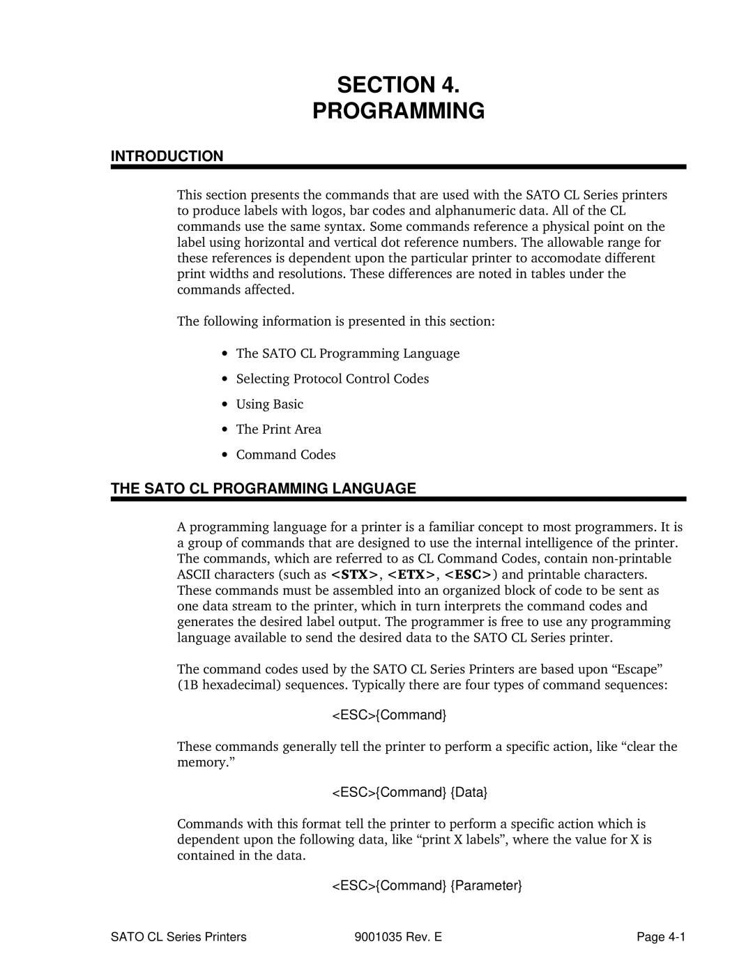 SATO CL608VA, CL612VA manual Sato CL Programming Language, ESCCommand Data, ESCCommand Parameter 