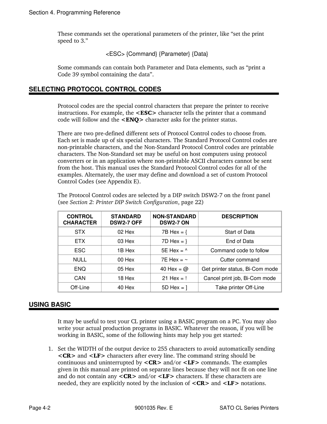 SATO CL612VA Selecting Protocol Control Codes, Using Basic, Programming Reference, ESC Command Parameter Data, DSW2-7 on 