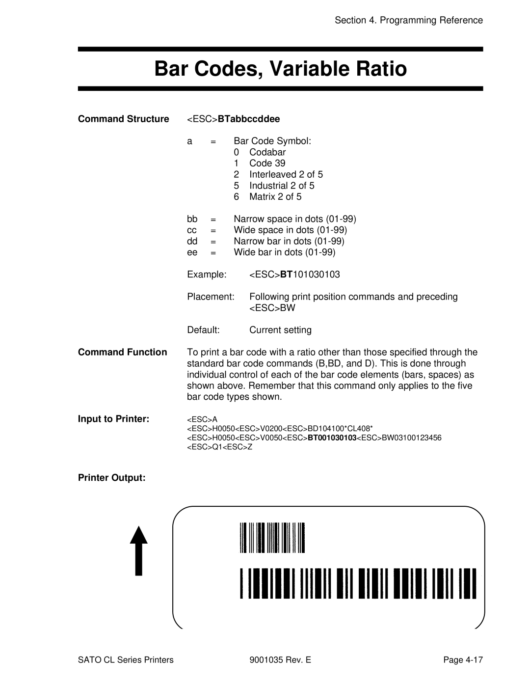 SATO CL608VA, CL612VA manual Bar Codes, Variable Ratio, Command Structure ESCBTabbccddee 