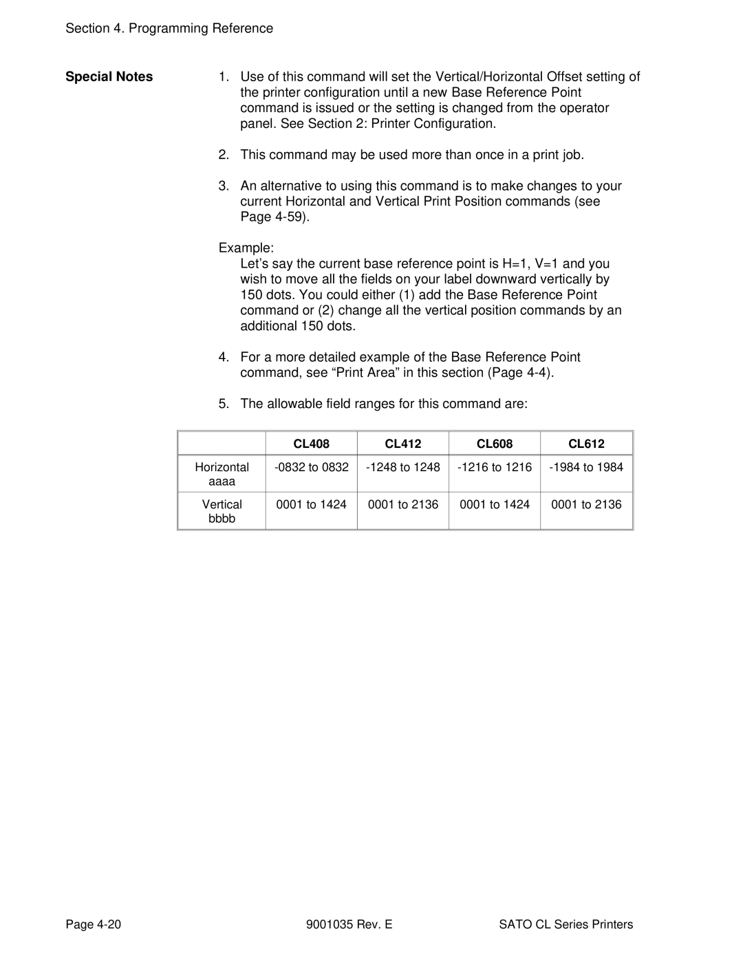 SATO CL612VA, CL608VA manual Printer configuration until a new Base Reference Point, CL408 CL412 CL608 CL612 