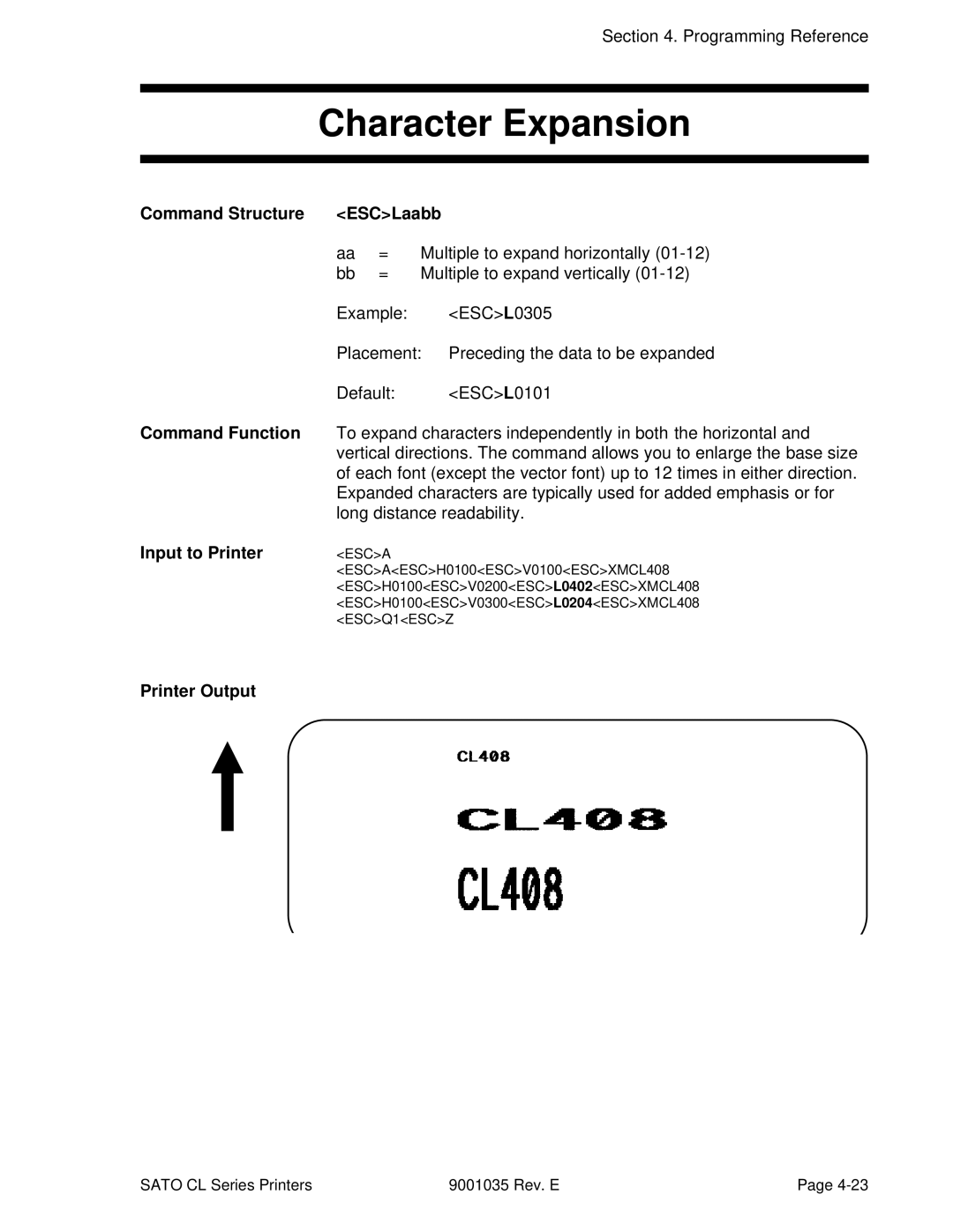 SATO CL608VA, CL612VA manual Character Expansion, Command Structure ESCLaabb 