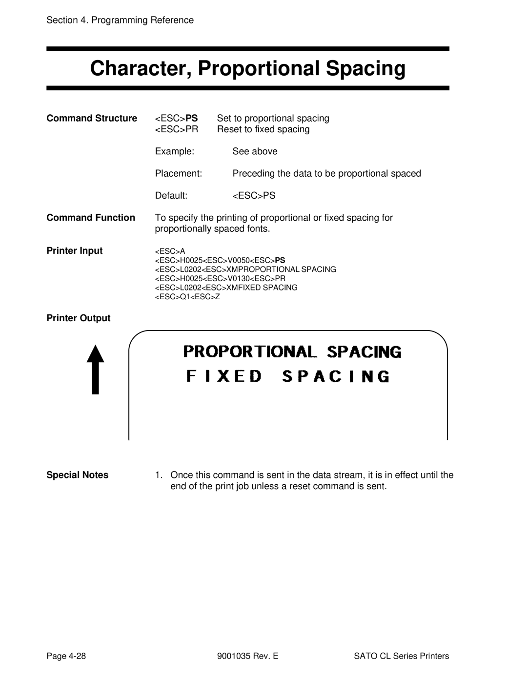 SATO CL612VA, CL608VA manual Character, Proportional Spacing, Set to proportional spacing, Reset to fixed spacing 