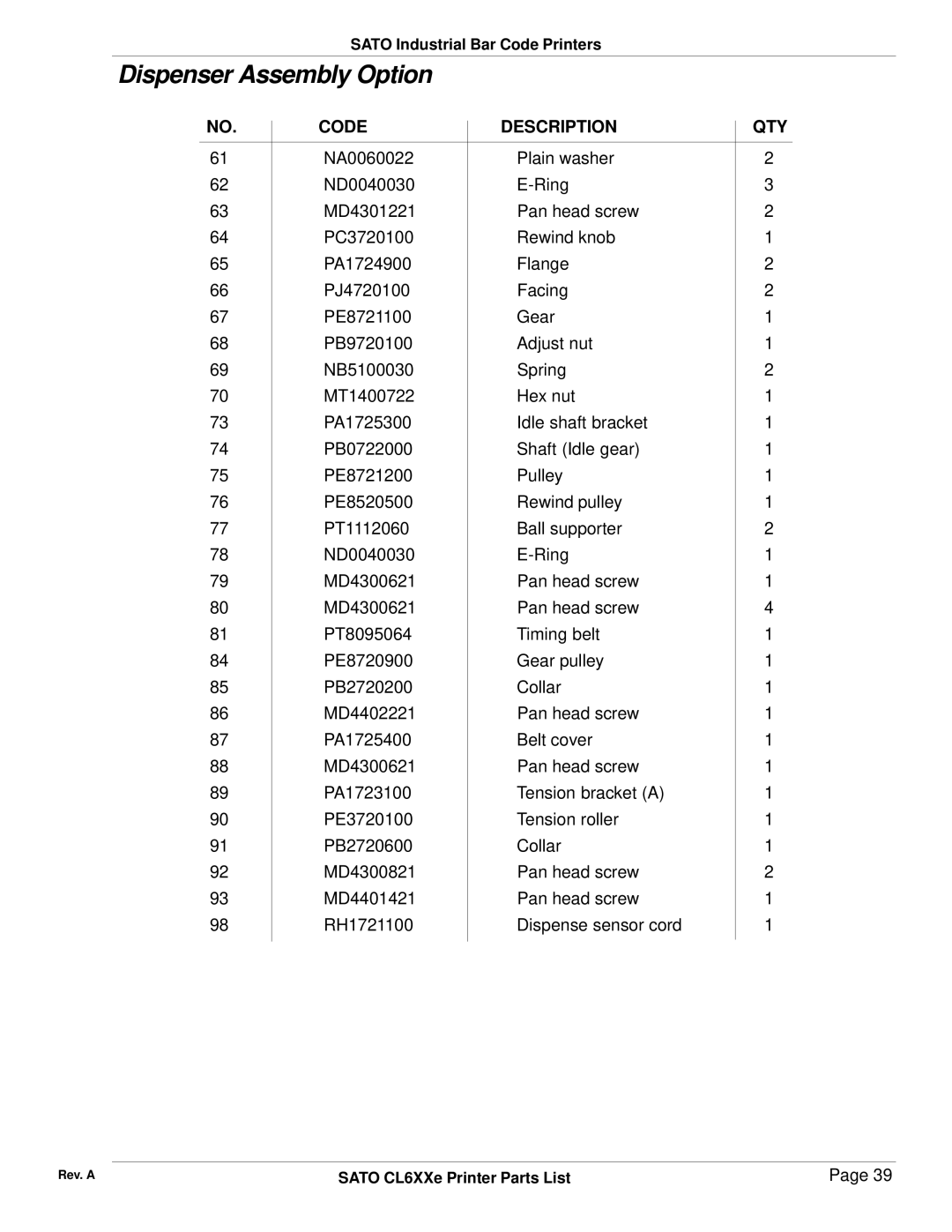 SATO CL6XXe manual Dispenser Assembly Option 