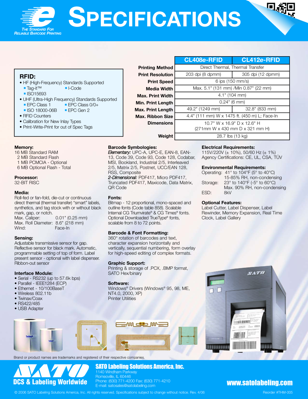 SATO CLe RFID Smart manual Rfid, Specifications, CL408e-RFID, CL412e-RFID, SATO Labeling Solutions America, Inc, Tag-it 