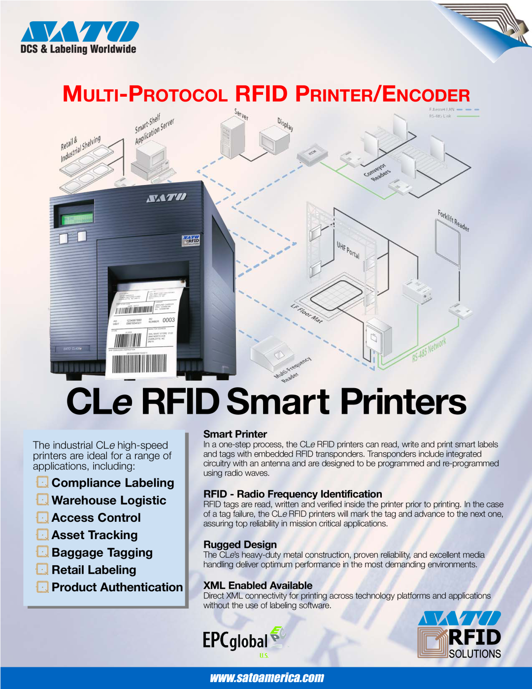 SATO CLe RFID manual Smart Printer, RFID - Radio Frequency Identification, Rugged Design, XML Enabled Available 