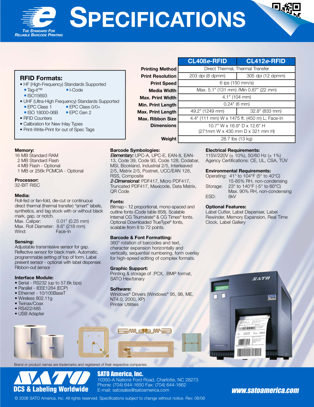 SATO CLe RFID manual RFID Formats, Specifications, CL408e-RFID, CL412e-RFID, SATO America, Inc, Tag-it, dpi 12 dpmm 