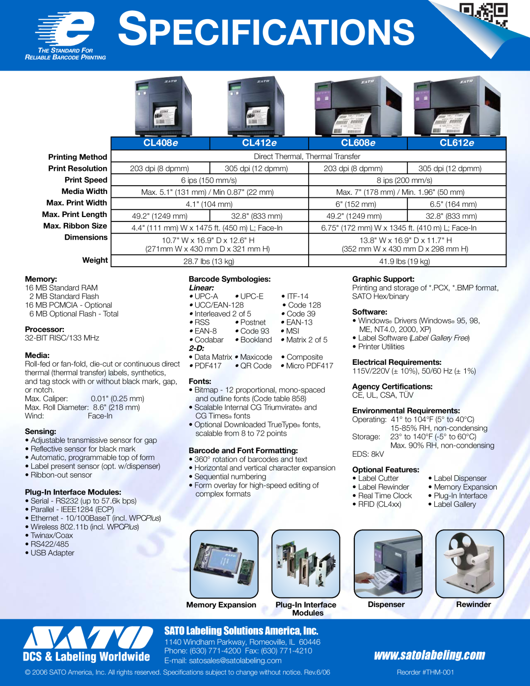 SATO CLe Series manual Specifications, SATO Labeling Solutions America, Inc, CL408 e, CL412 e, CL608 e, CL612 e, Linear 