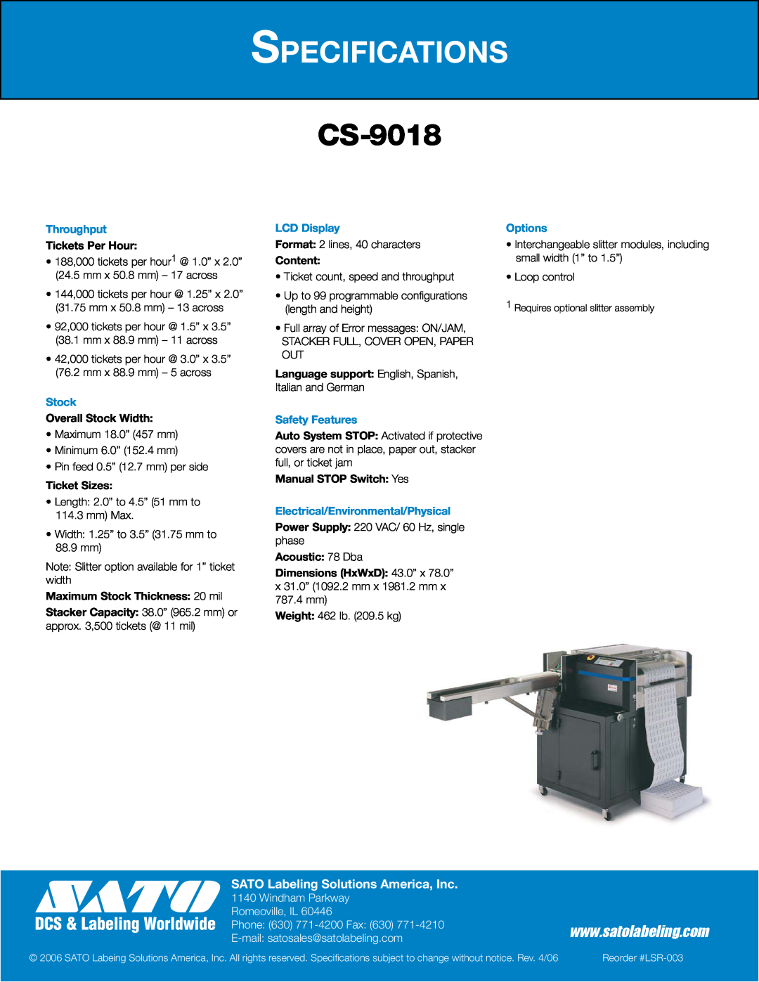 SATO CS-9018 manual Specifications, SATO Labeling Solutions America, Inc, Throughput, Stock, LCD Display, Safety Features 