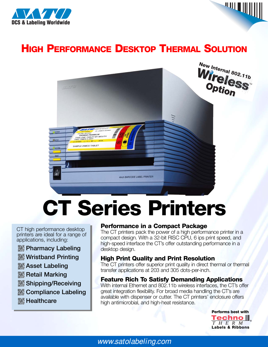 SATO manual CT Series Printers, High Performance Desktop Thermal Solution, Performance in a Compact Package 