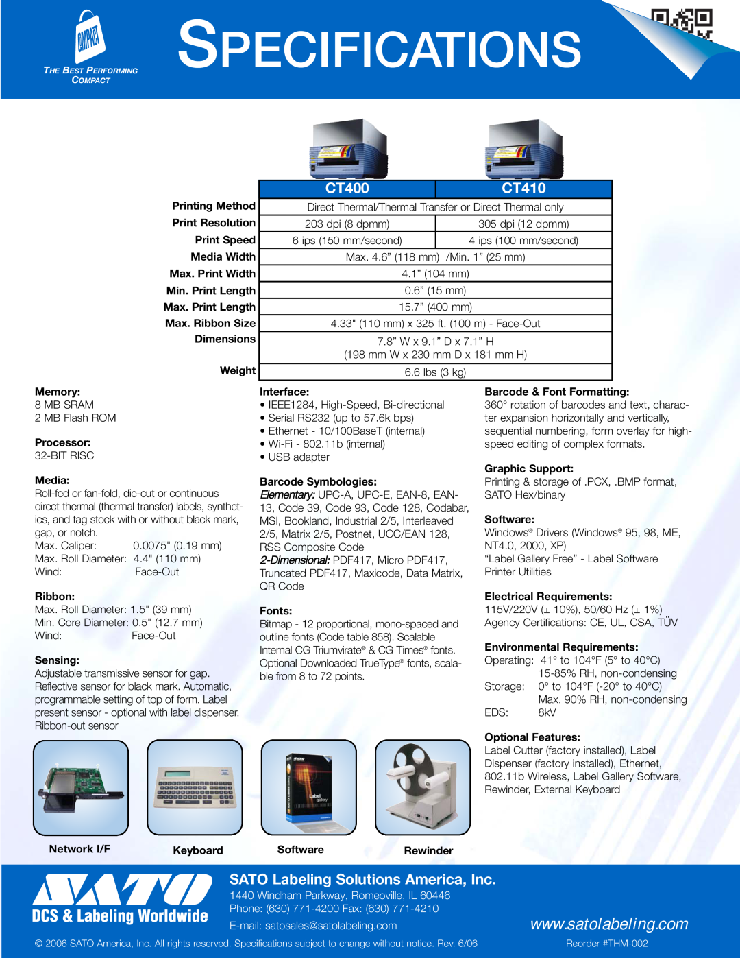 SATO CT Series manual Specifications, CT400, CT410, SATO Labeling Solutions America, Inc, Windham Parkway, Romeoville, IL 