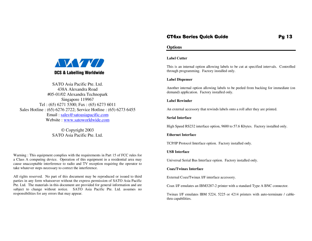 SATO CT400 manual CT4xx Series Quick Guide, Options 