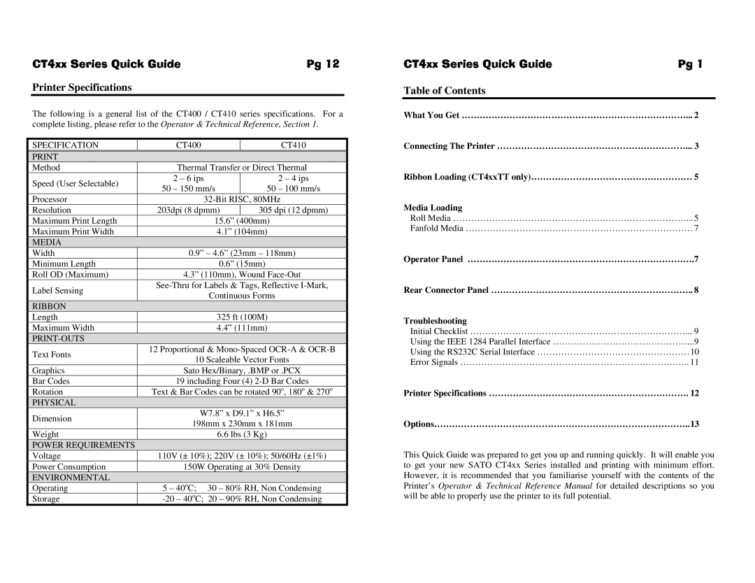 SATO CT400 manual Printer Specifications, CT4xx Series Quick GuidePg, Table of Contents 