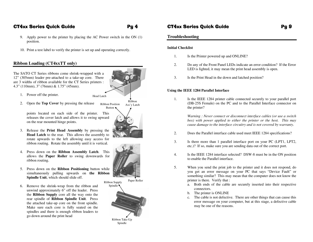 SATO CT400 manual Ribbon Loading CT4xxTT only, Troubleshooting, Initial Checklist, Using the Ieee 1284 Parallel Interface 