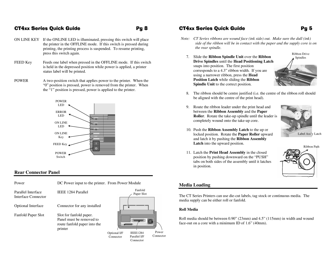 SATO CT400 manual Rear Connector Panel, Media Loading, Power, Push the Ribbon Assembly Latch to the up or, Roll Media 