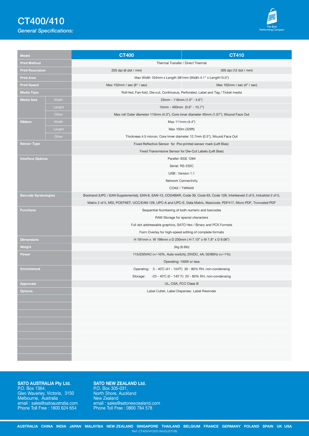 SATO CT400/410 Model, Print Method, Print Resolution, Print Area, Print Speed, Media Type, Media Size, Ribbon, Sensor Type 