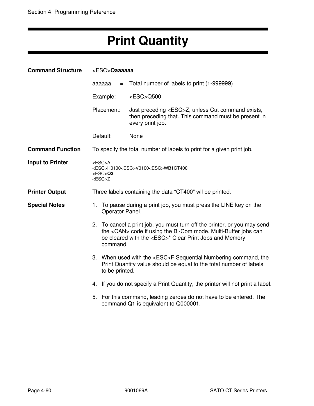 SATO CT410, CT400 manual Print Quantity, Command Structure ESCQaaaaaa 