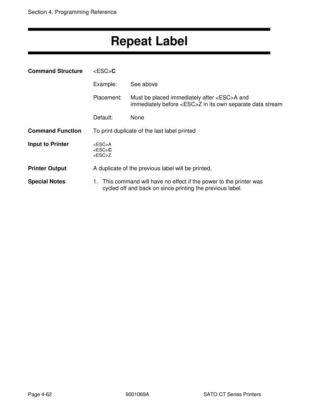 SATO CT410, CT400 manual Repeat Label, Escc 