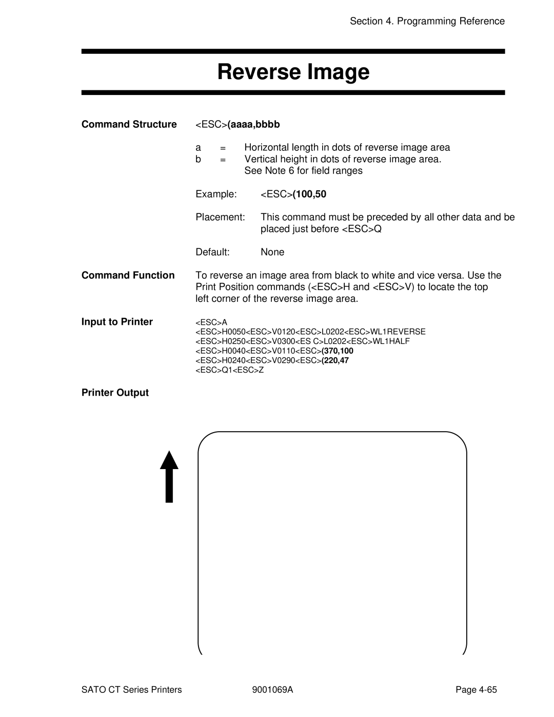 SATO CT400, CT410 manual Reverse Image, Command Structure ESCaaaa,bbbb, ESC100,50 