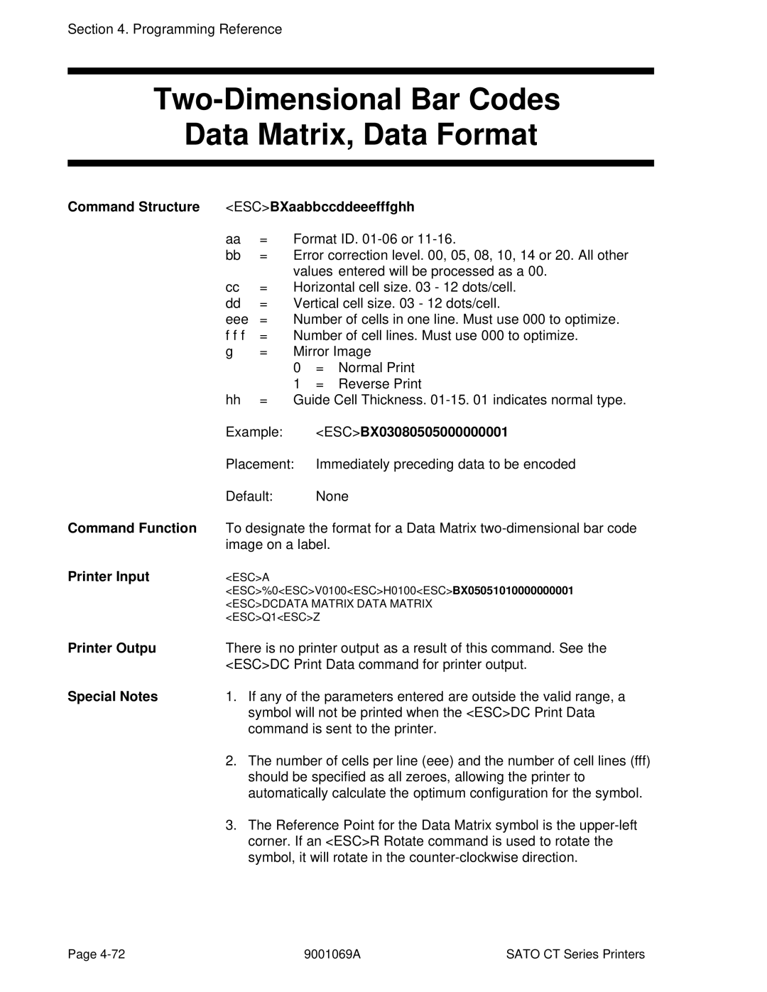 SATO CT410 Two-Dimensional Bar Codes Data Matrix, Data Format, Command Structure ESCBXaabbccddeeefffghh, Printer Outpu 