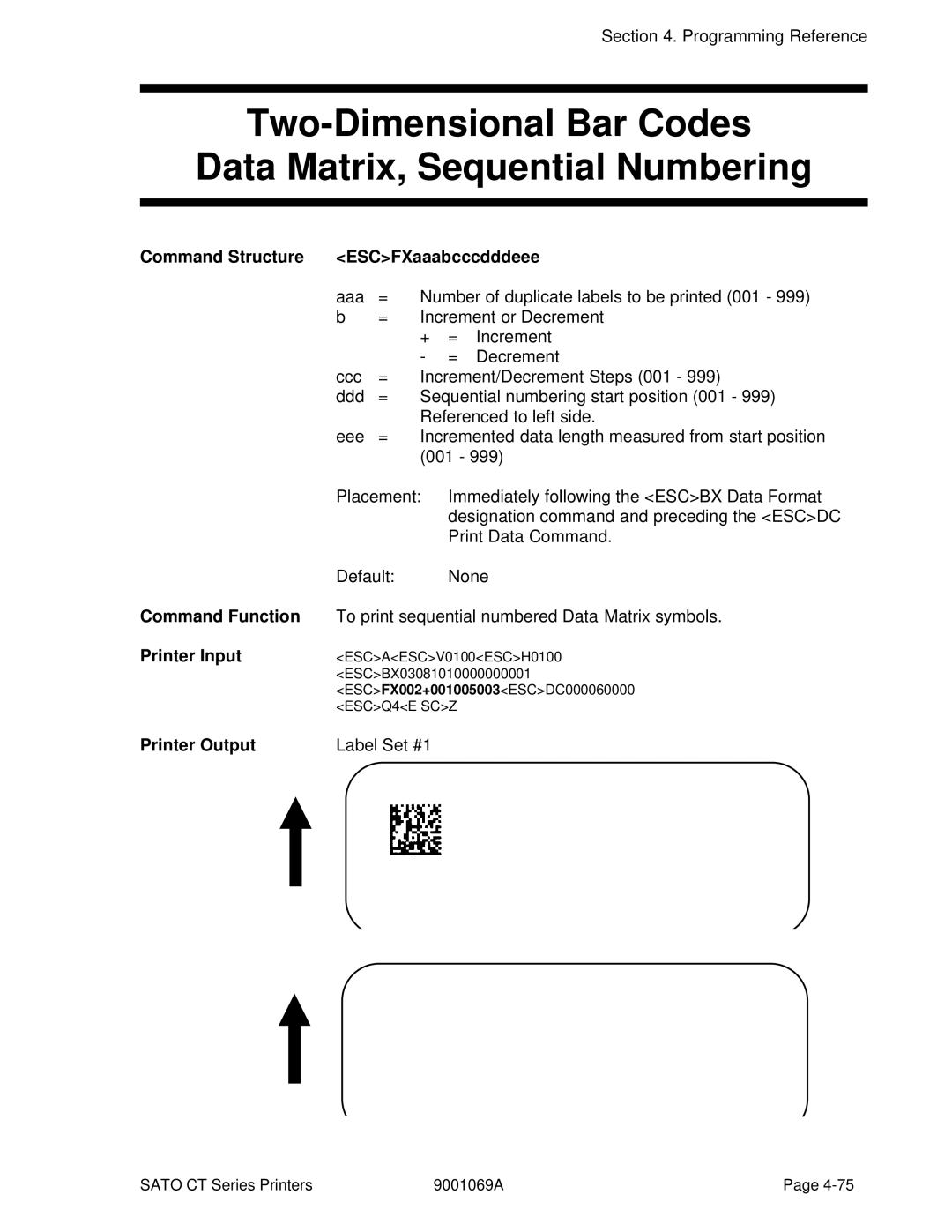 SATO CT400, CT410 manual Two-Dimensional Bar Codes Data Matrix, Sequential Numbering, Command Structure ESCFXaaabcccdddeee 