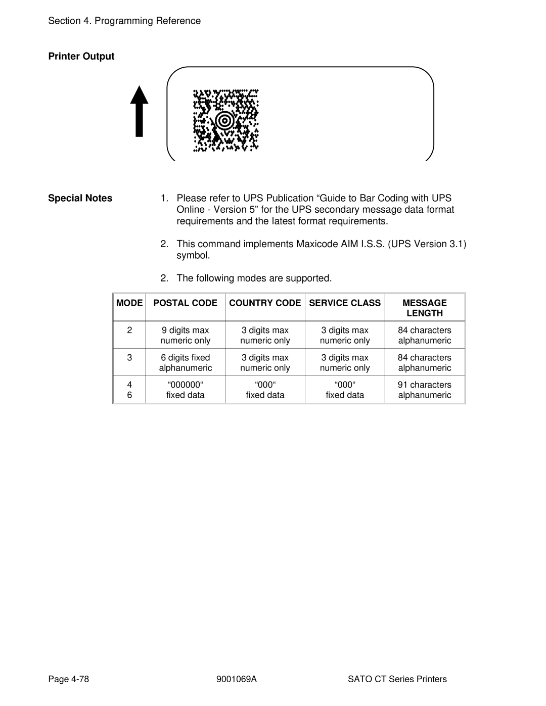 SATO CT410, CT400 manual Following modes are supported, Mode Postal Code Country Code Service Class Message Length 