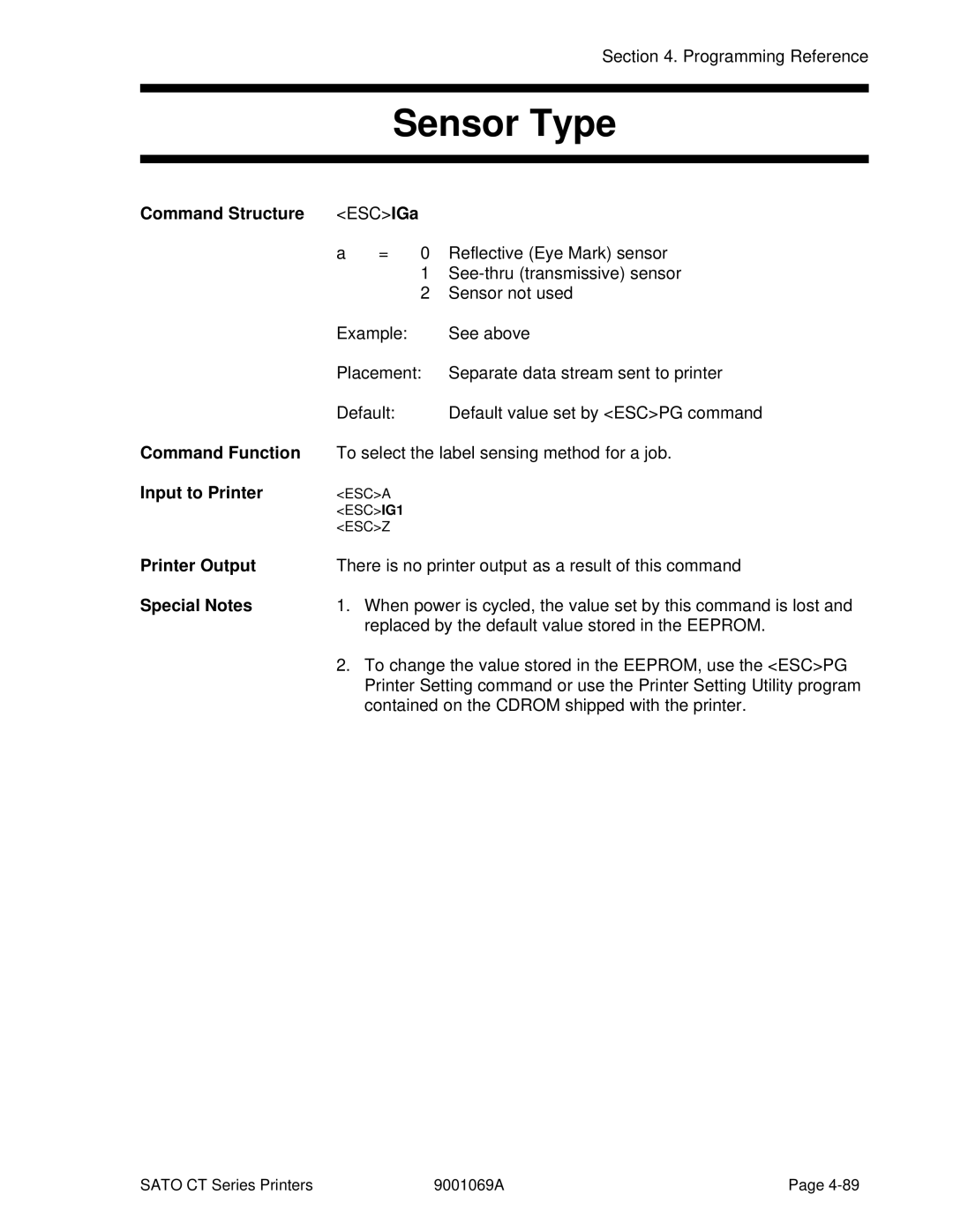 SATO CT400, CT410 manual Sensor Type, Command Structure ESCIGa 