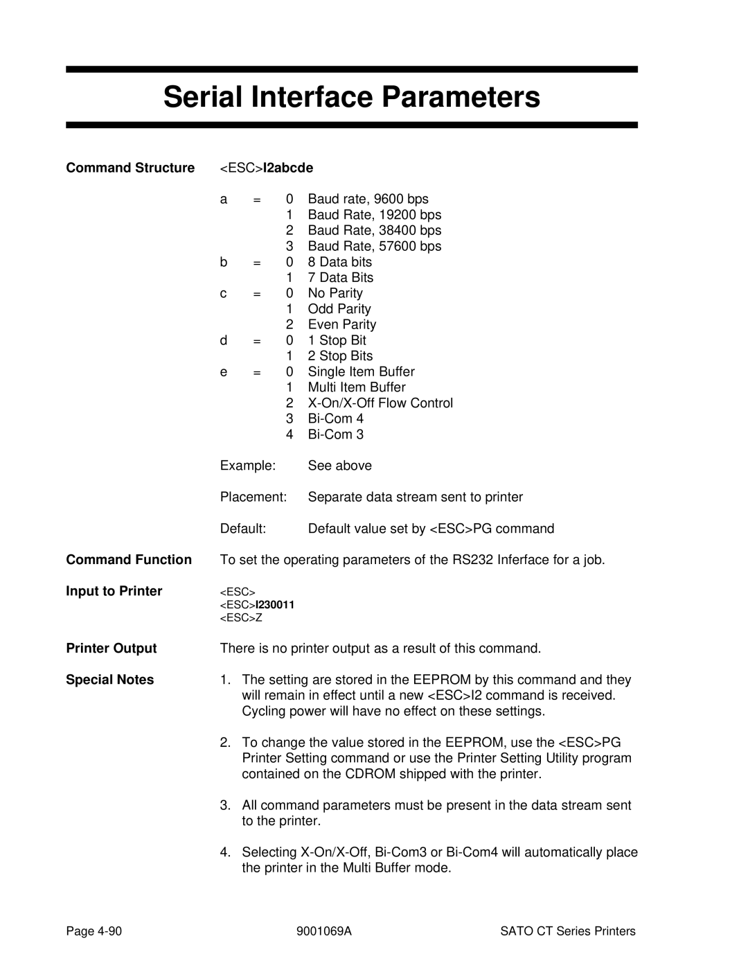 SATO CT410, CT400 manual Serial Interface Parameters, Command Structure ESCI2abcde 