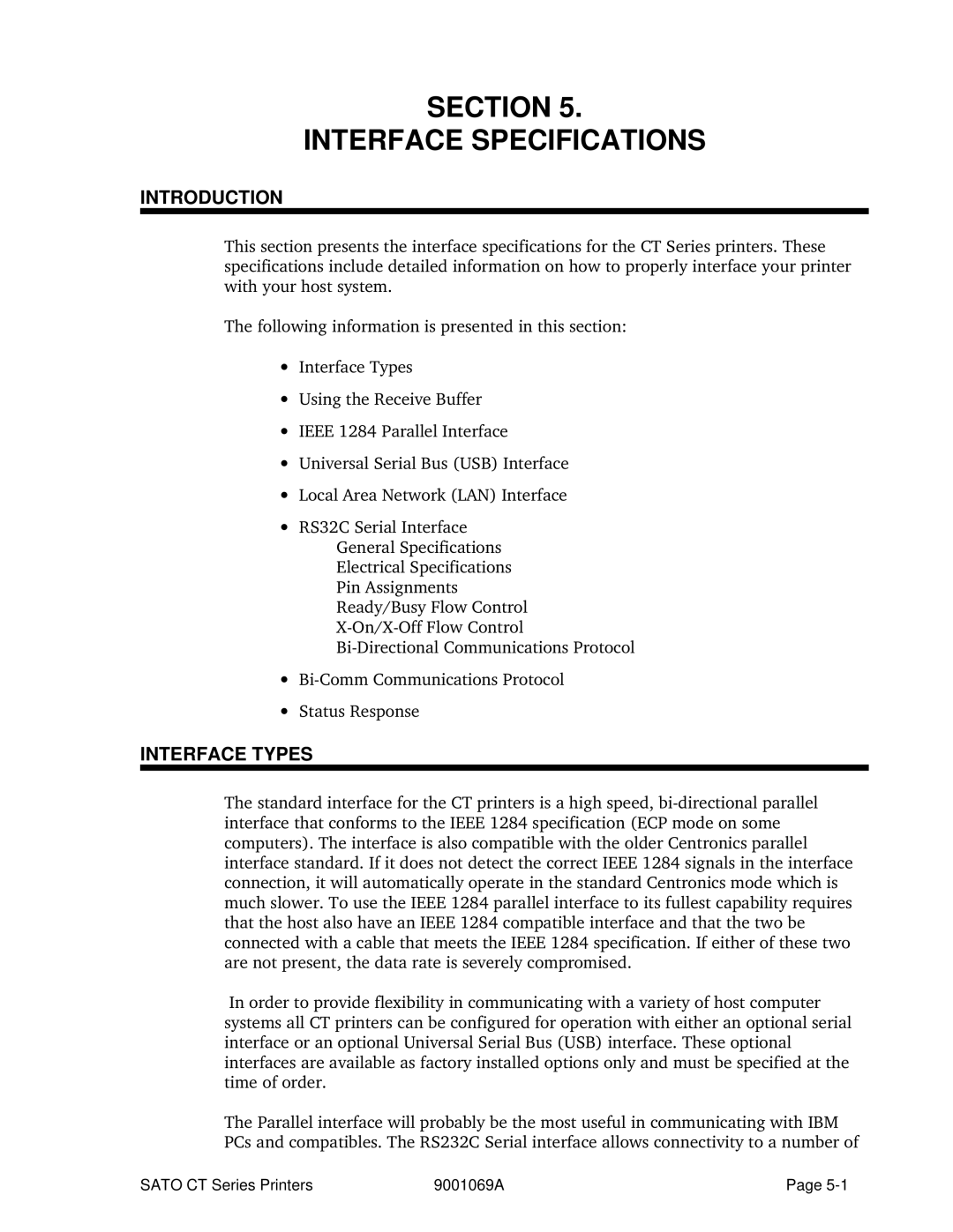 SATO CT400, CT410 manual Section Interface Specifications, Interface Types 