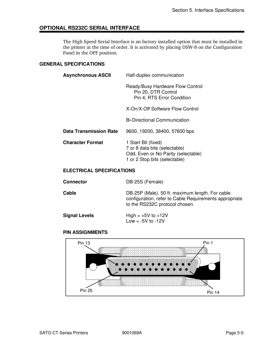 SATO CT400, CT410 manual Optional RS232C Serial Interface, General Specifications, PIN Assignments 