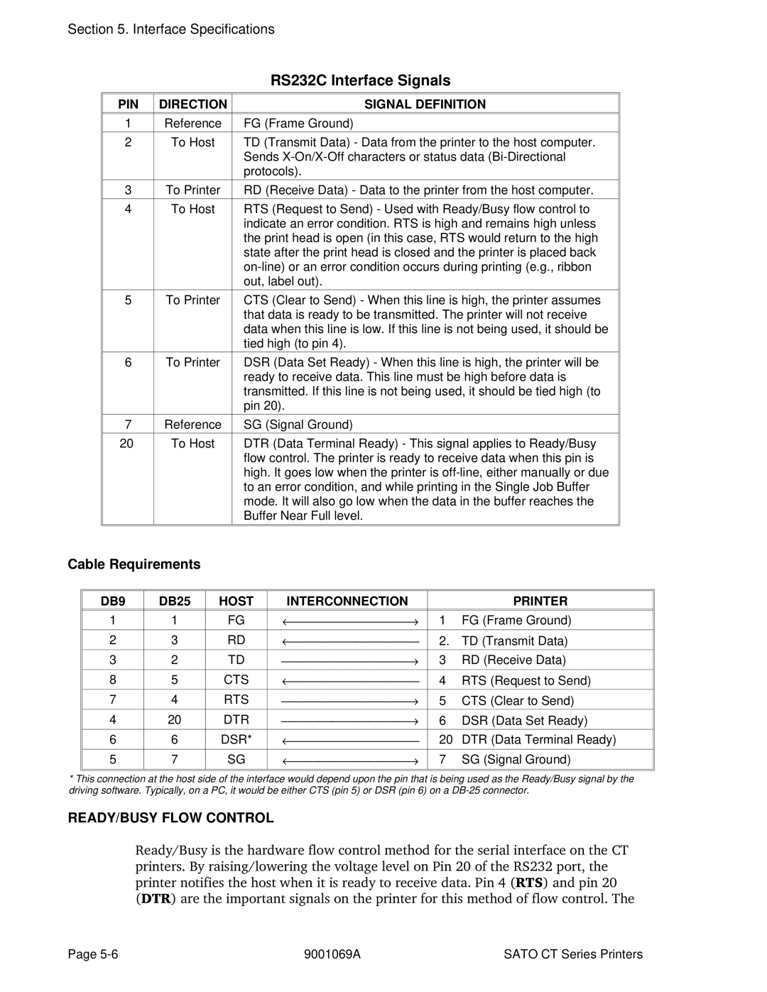 SATO CT410 Cable Requirements, READY/BUSY Flow Control, PIN Direction Signal Definition, DB9, Host Interconnection Printer 