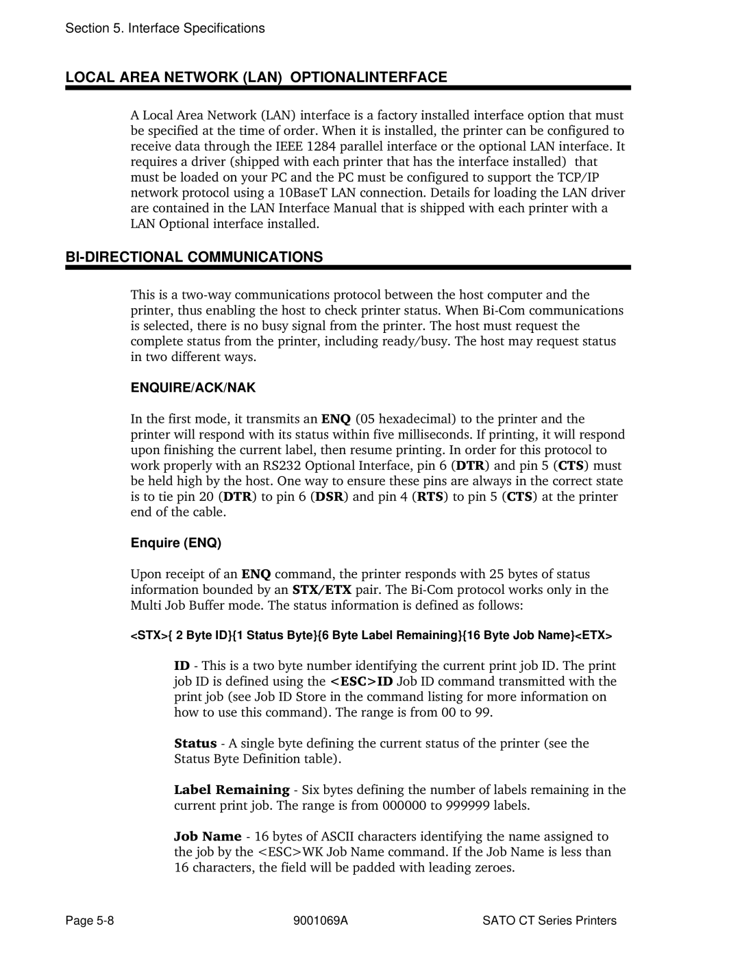 SATO CT410, CT400 Local Area Network LAN Optionalinterface, BI-DIRECTIONAL Communications, Enquire/Ack/Nak, Enquire ENQ 