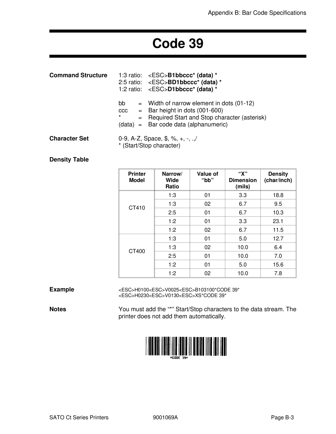 SATO CT410, CT400 manual Code, Command Structure Ratio ESCB1bbccc* data, ESCBD1bbccc* data, ESCD1bbccc* data, Example 