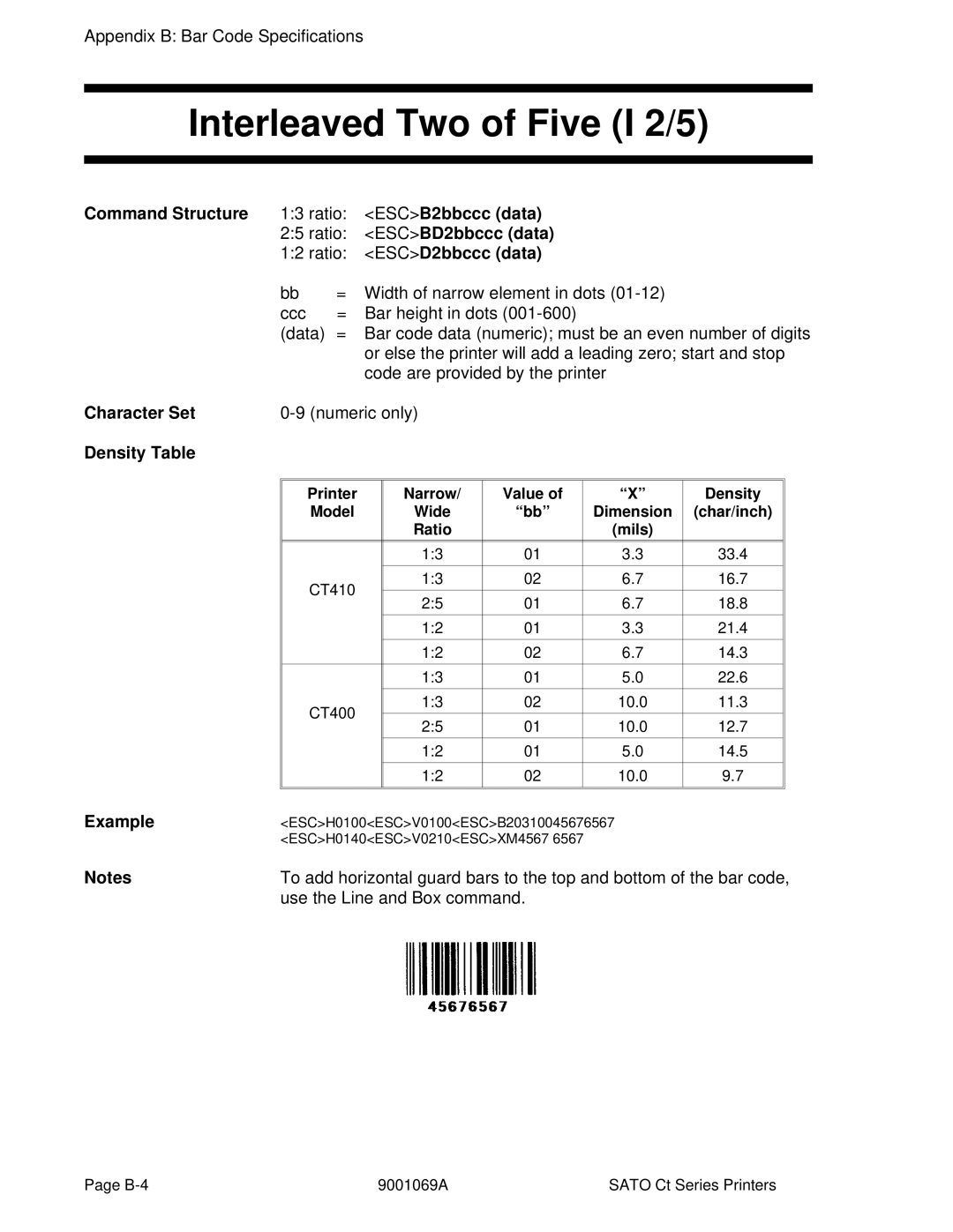 SATO CT400, CT410 manual Interleaved Two of Five I 2/5, ESCBD2bbccc data, ESCD2bbccc data, Density Model 