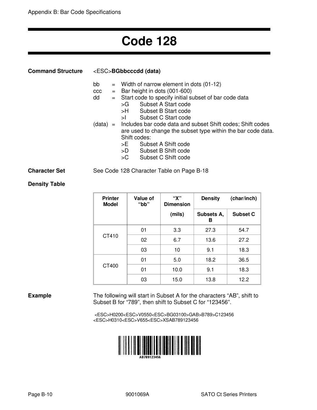 SATO CT400, CT410 manual Command Structure ESCBGbbcccdd data, Density Char/inch Model Dimension Mils Subsets a Subset C 