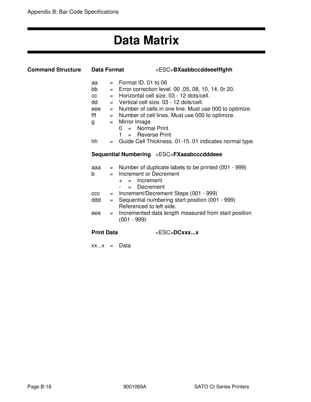 SATO CT400, CT410 manual Data Matrix, Command Structure Data Format, Sequential Numbering ESCFXaaabcccdddeee, Print Data 