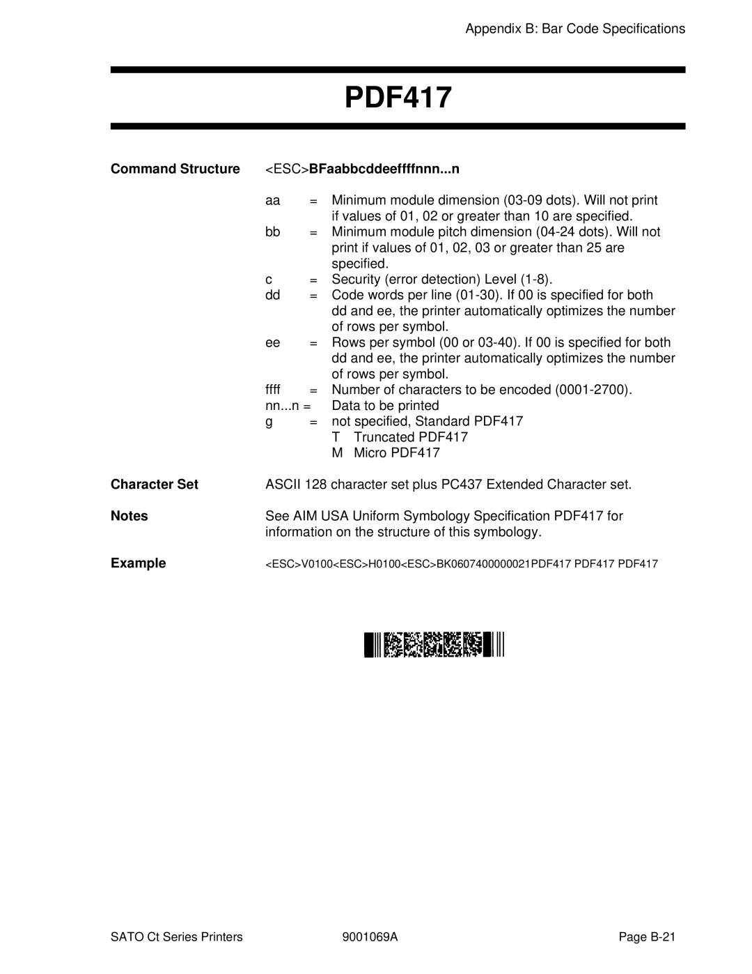 SATO CT410, CT400 manual Command Structure ESCBFaabbcddeeffffnnn...n 