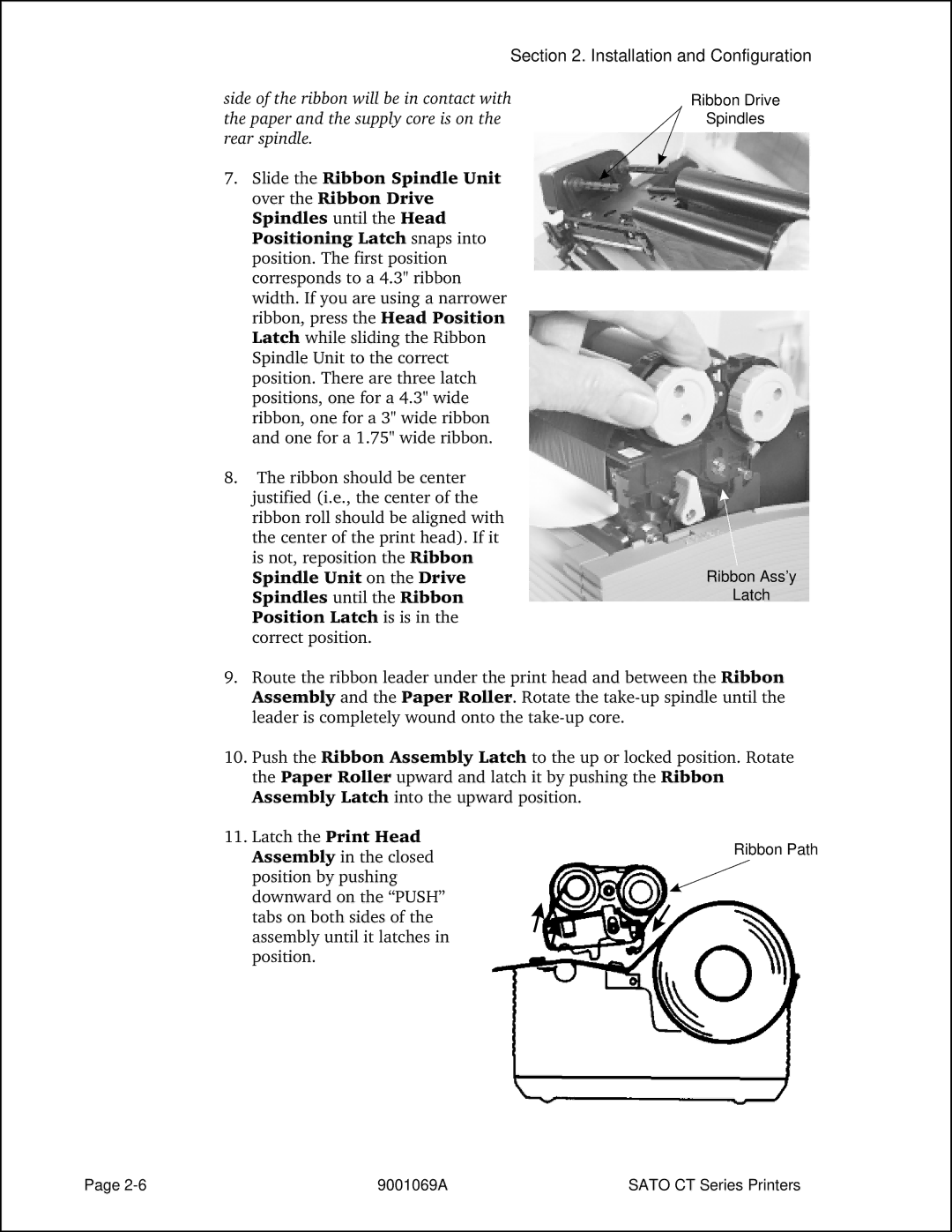 SATO CT410, CT400 manual Ribbon Drive Spindles Ribbon Ass’y Latch 