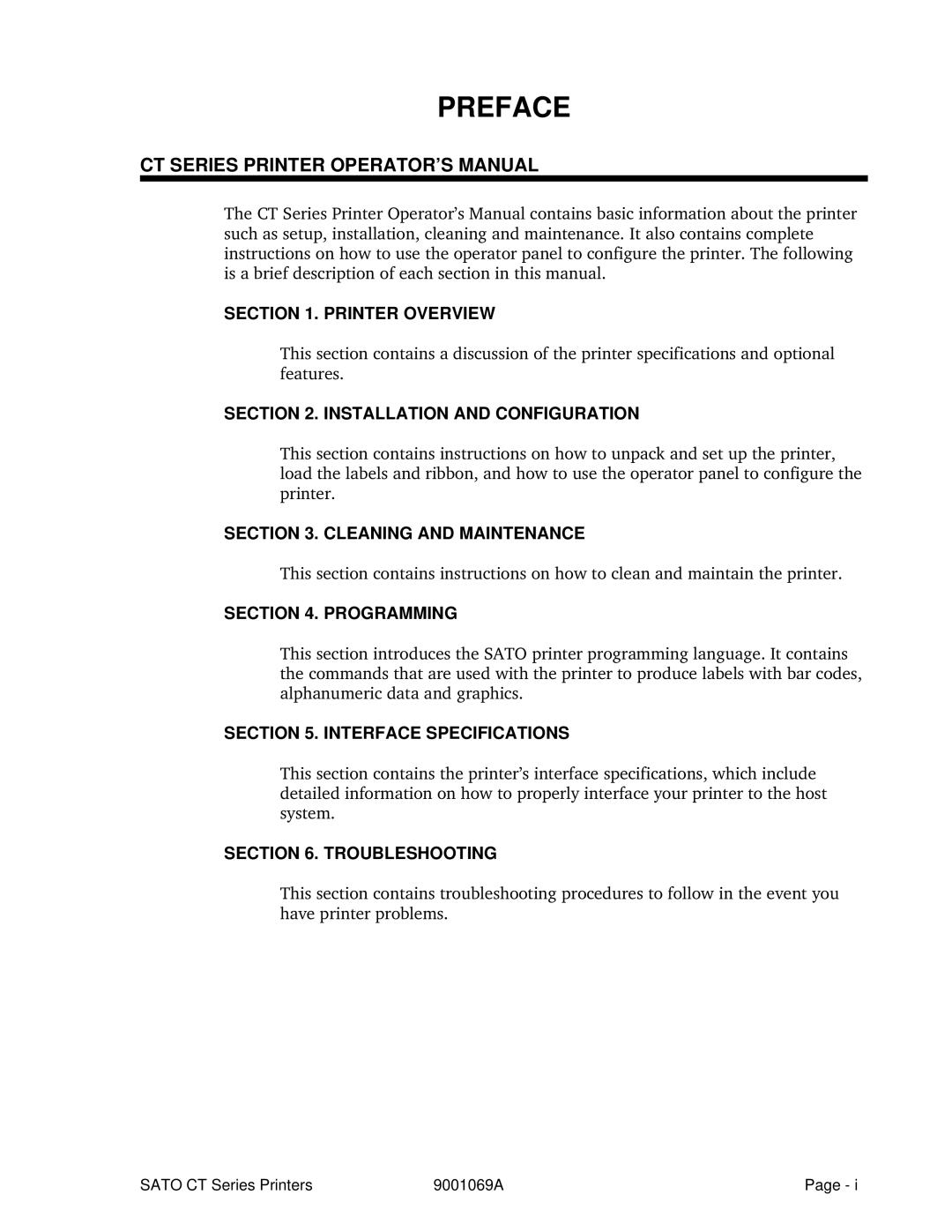 SATO CT400, CT410 manual CT Series Printer OPERATOR’S Manual 