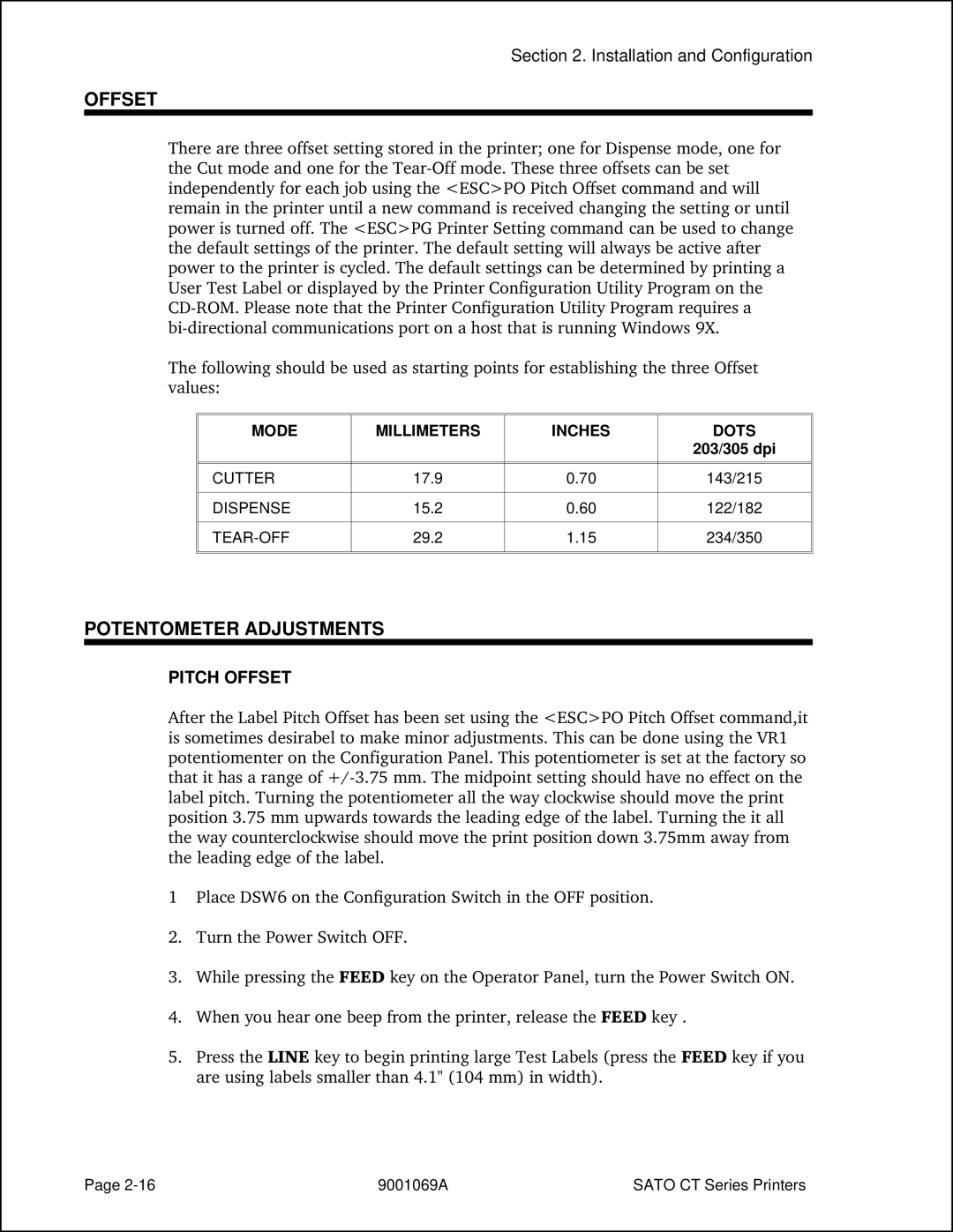 SATO CT410, CT400 manual Potentometer Adjustments, Pitch Offset, Mode Millimeters Inches Dots, 203/305 dpi 