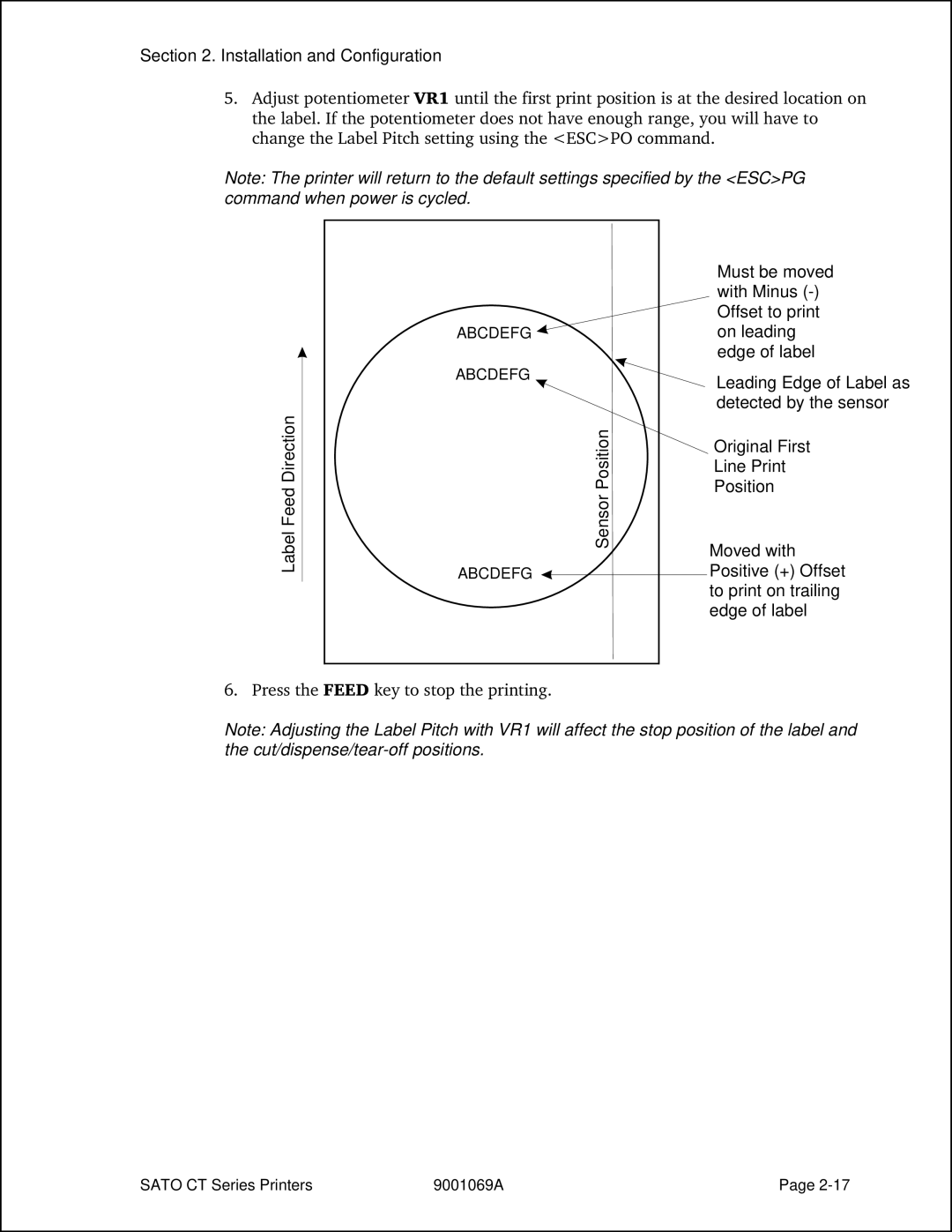 SATO CT400, CT410 manual Label Feed Direction Sensor Position 
