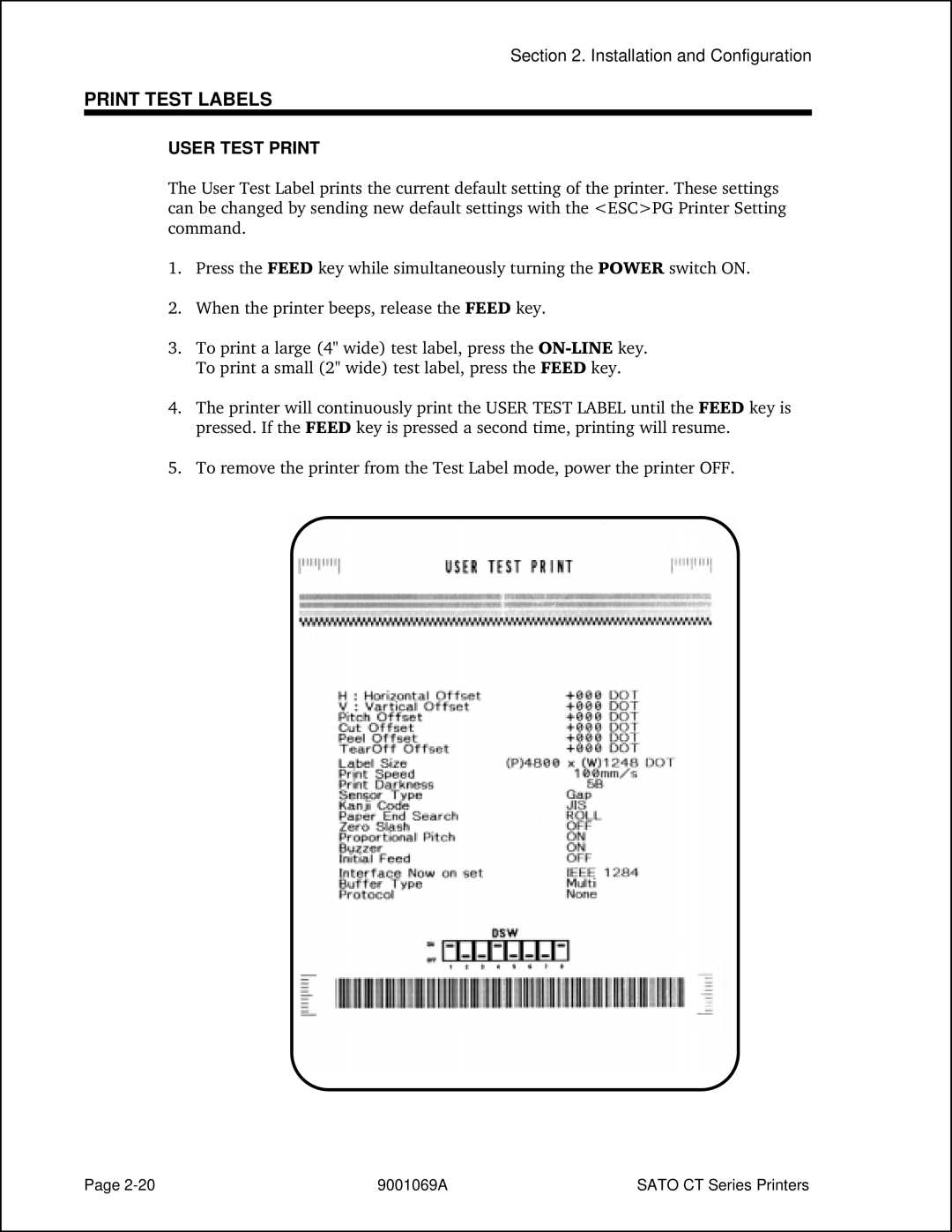 SATO CT410, CT400 manual Print Test Labels, User Test Print 