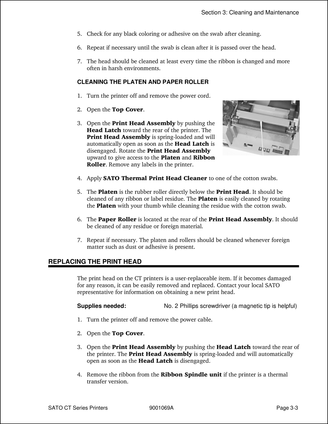SATO CT400, CT410 manual Replacing the Print Head, Cleaning the Platen and Paper Roller 