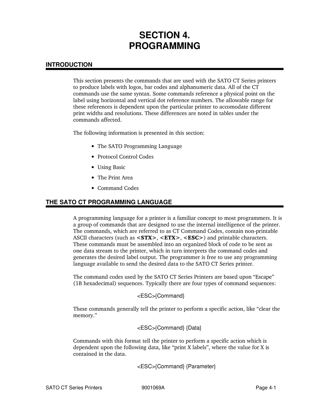 SATO CT400, CT410 manual Section Programming, Sato CT Programming Language 