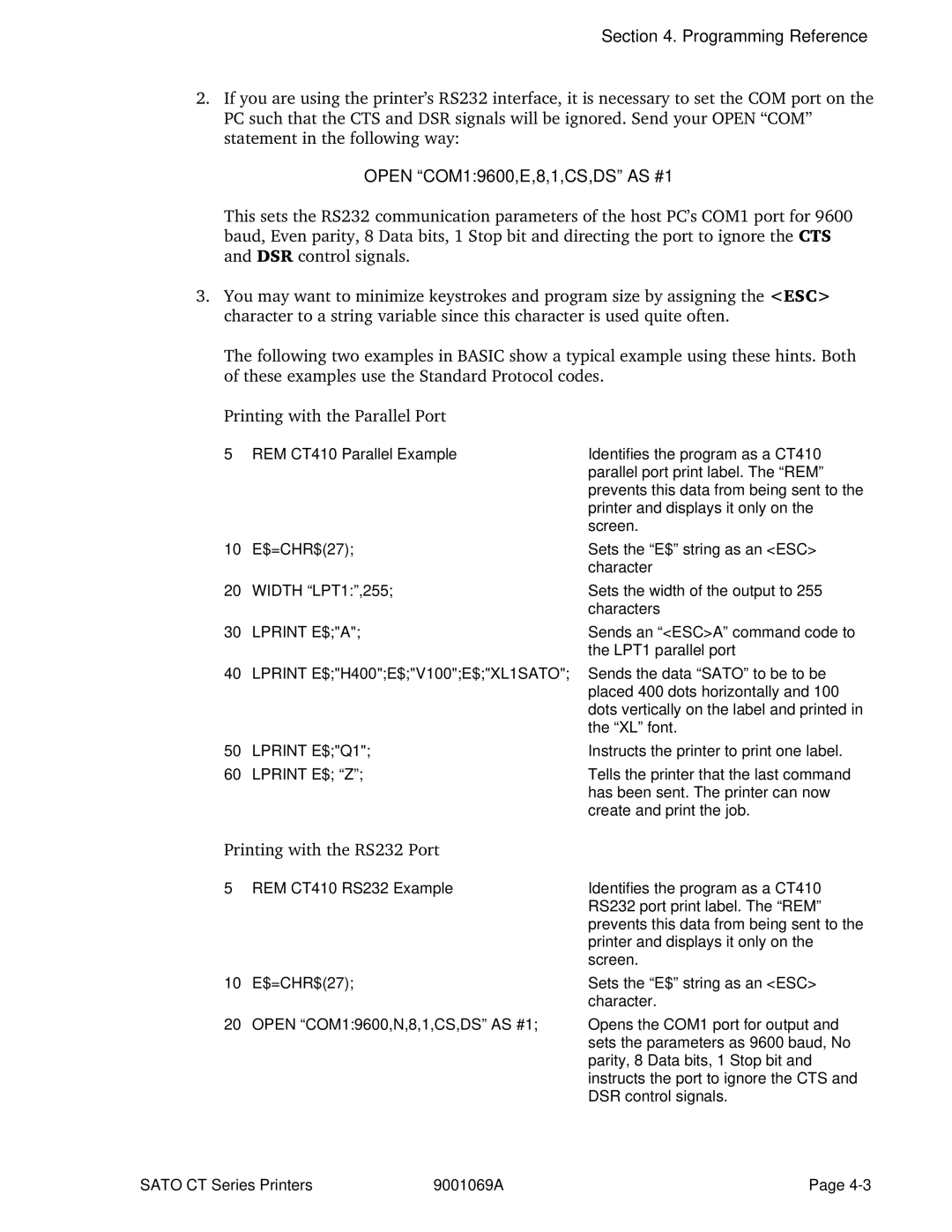 SATO CT400, CT410 manual Open COM19600,E,8,1,CS,DS AS #1 
